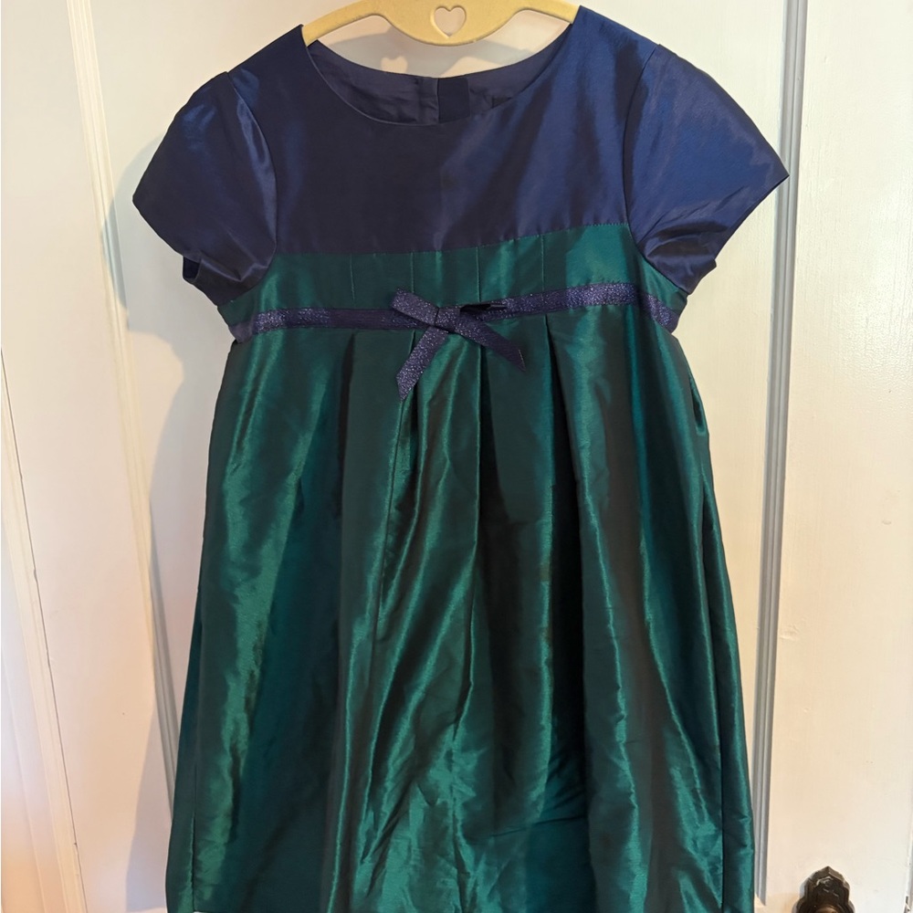 Jacadi Navy and Emerald Green Satin Taffeta Holiday Dress